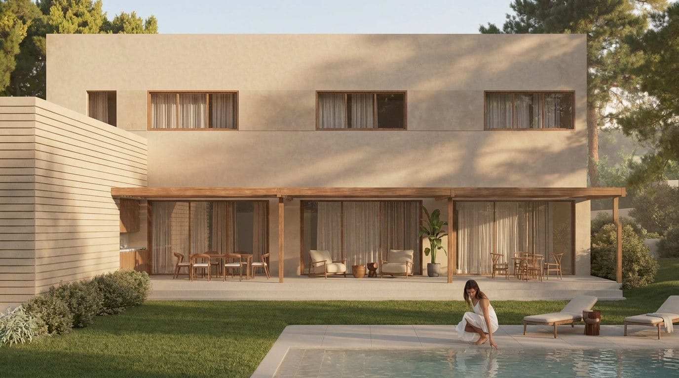 Family house in Begues — terrace and pool at dusk