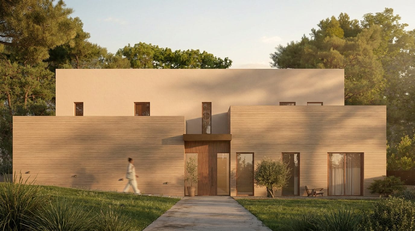 Family house in Begues — timber-clad front façade in evening light