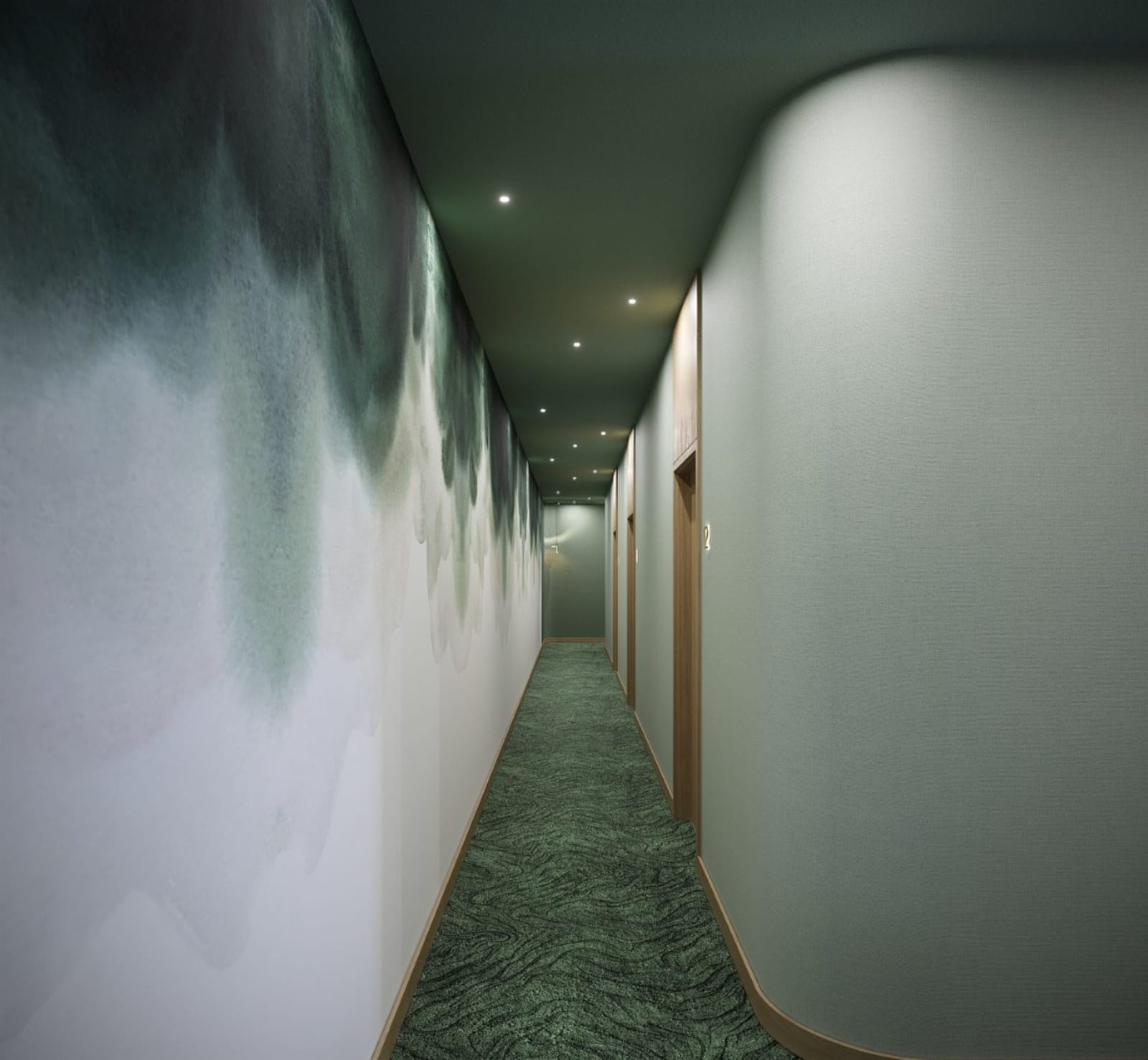 Green Dream Hotel — corridor with watercolour wall and green carpet