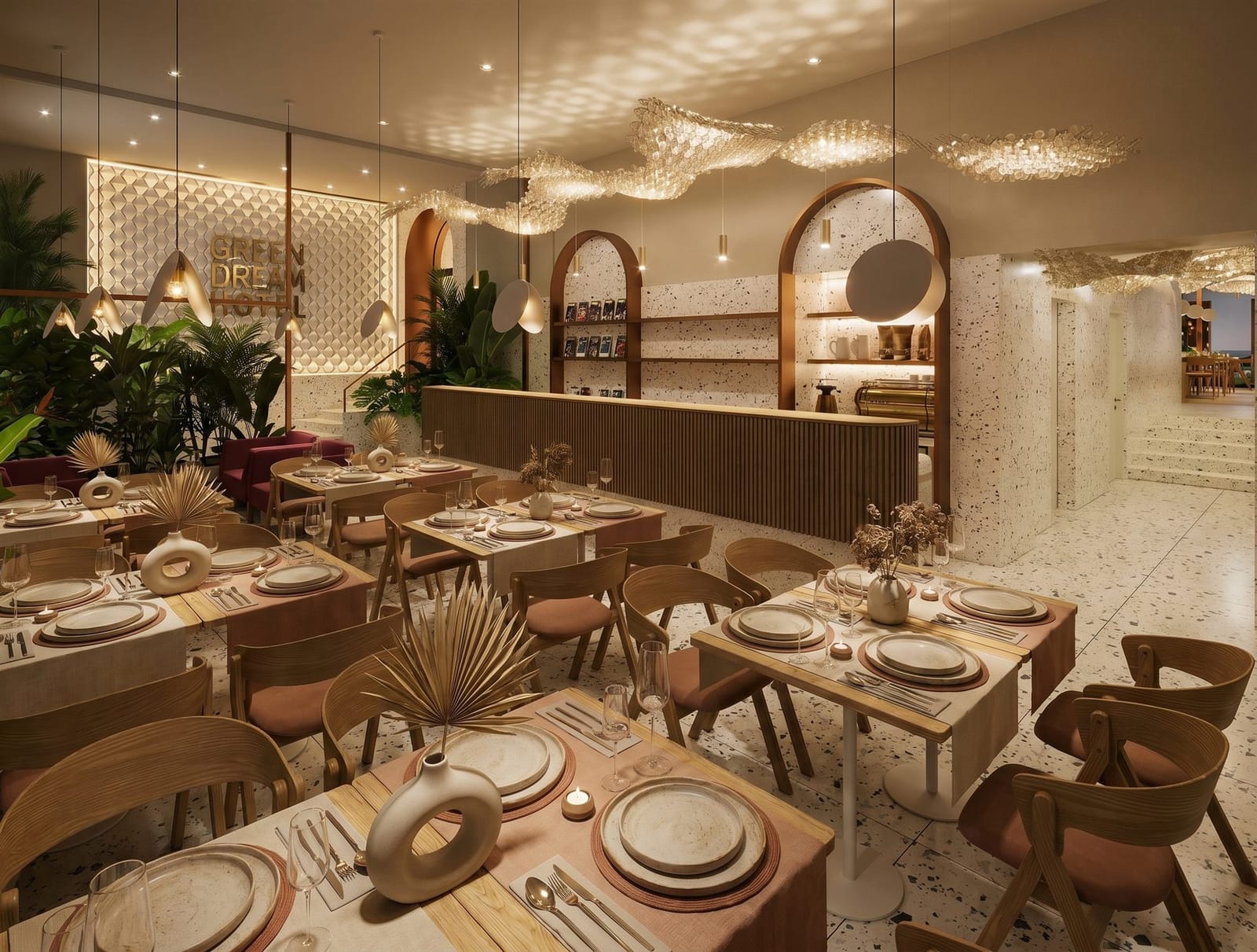 Green Dream Hotel — restaurant and lobby, terrazzo and brass
