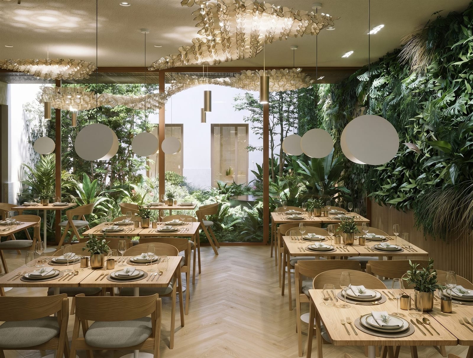 Green Dream Hotel — restaurant with living green wall, opening to the courtyard