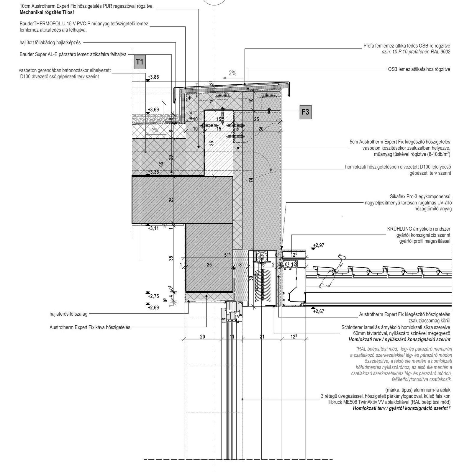 Technical construction detail — roof edge and façade section, family house with L.Art