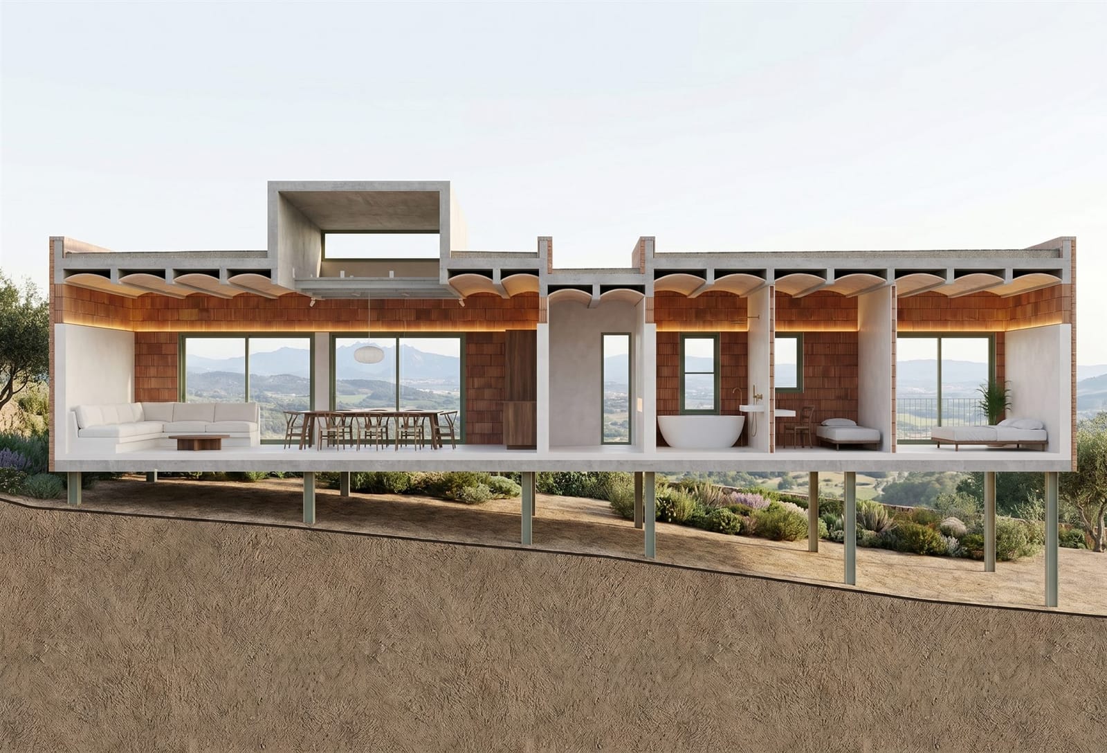 Casa Vista Montserrat — section through the house, vaulted ceramic ceiling over the living spaces