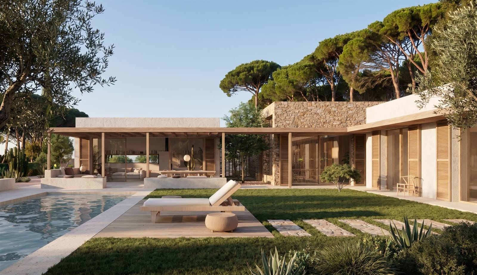 Modular family house in Catalunya — garden and pool among the pines