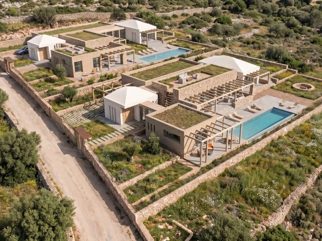 Two houses on a Menorcan hillside, dry-stone wall between the plots — aerial view