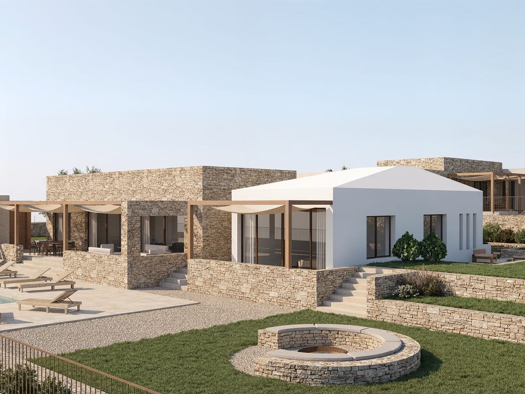 Two houses in Menorca — entrance façades under a wide sky, dry-stone and lime-washed volumes