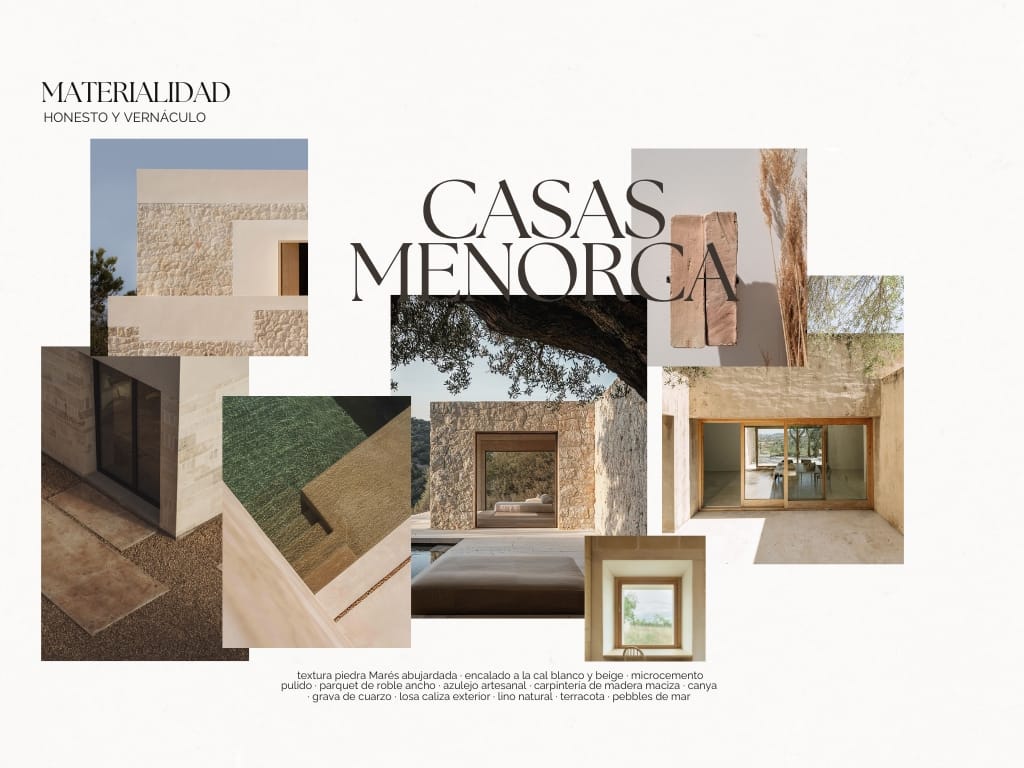 Casas Menorca — material palette, honest and vernacular: Marés stone, lime render, solid oak