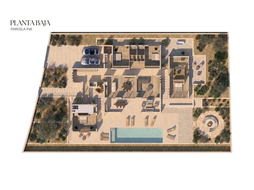 Two houses in Menorca — ground floor plan, five pavilions along a glazed corridor